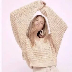 Free People Coconut V-Neck Sweater Chunky Open-Knit Design